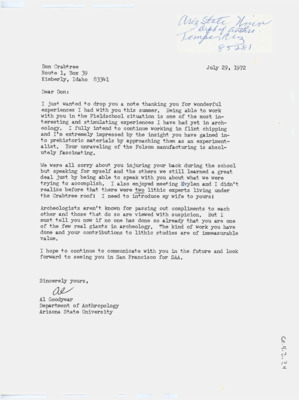 Letter thanking Crabtree for field school and complimenting Crabtree's work. Goodyear enjoyed meeting Evelyn and is sorry Crabtree injured his back.