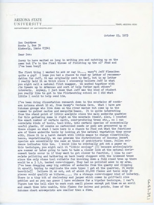 Letter asking how Crabtree liked Jeff Flenniken. Goodyear discusses his dissertation work with Hohokam people and lithic ecology. He discusses other publications, and asks for a letter of recommendation.