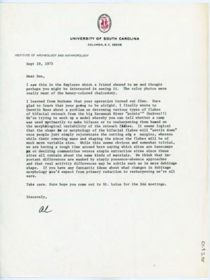 Letter sharing photos of lithic tools and discussing Goodyear's recent work in identifying lithic tools and location.