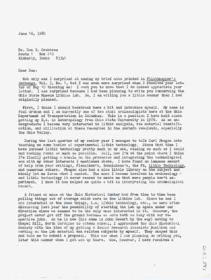 Letter thanking Crabtree and introducing himself. Graham discusses his flintknapping experience, his hopes to start a lithics lab, and his connections. He asks Crabtree some respective questions about a lithics lab.