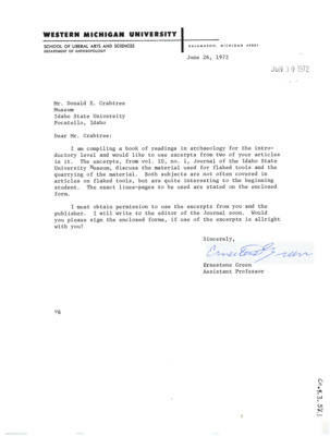 Letter asking if Green can use excerpts from two of Crabtree's articles for a book of archaeology readings.