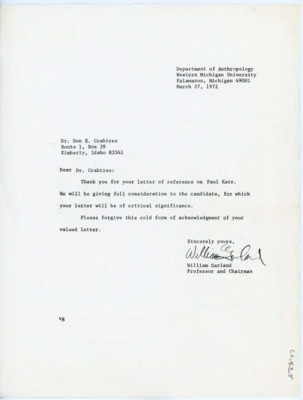Letter from William Garland to Donald E. Crabtree