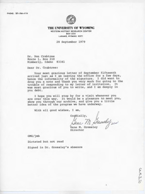 Letter from Gene M. Gressley to Donald Crabtree