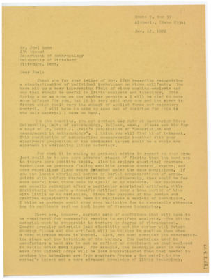 Letter discussing Gunn's research project, and agreeing to make him bifaces. Crabtree gives some advice for the experimentation, suggests an article, and suggests others who may be willing to participate.