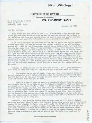 Letter giving all the details for Don and Evelyn's upcoming trip to Hawaii for flintknapping demonstrations.