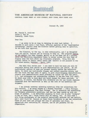 Letter discussing the specifics of the experimental archaeology museum exhibit. Gould discusses flintknapping and how often Crabtree will be able to attend the exhibit to give advice.