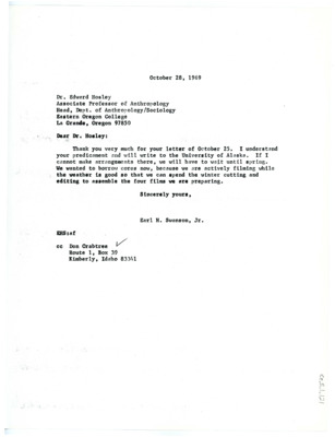 Letter from Earl Swanson to Edward Hosley