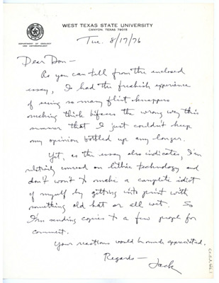 Handwritten letter from Jack T. Hughes to Don Crabtree