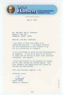 Letter from Orval Hansen to Don and Evelyn Crabtree