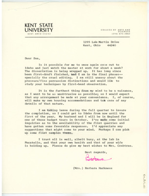 Letter from Barbara Harkness to Don Crabtree