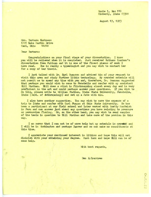 Letter from Don Crabtree to Barbara Harkness