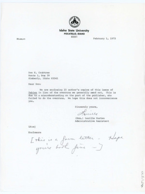 Letter from Lucille Harten to Donald "Don" E. Crabtree