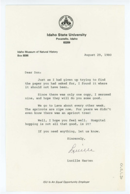 Letter from Lucille Harten to Don Crabtree