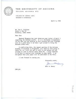 Letter from Emil Haury to Don Crabtree