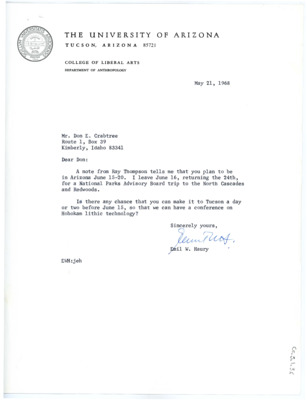 Letter from Emil Haury to Don Crabtree