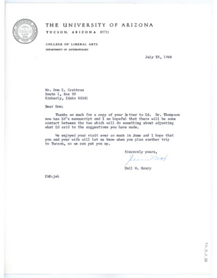 Letter from Emil Haury to Don Crabtree