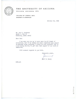 Letter from Emil Haury to Don Crabtree