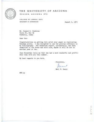 Letter from Emil Haury to Don Crabtree