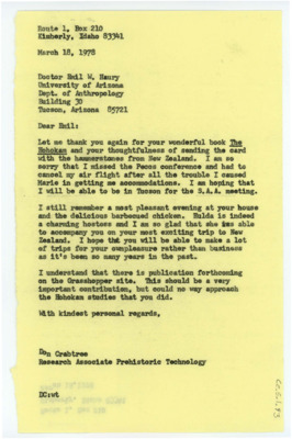 Letter from Don Crabtree to Emil Haury