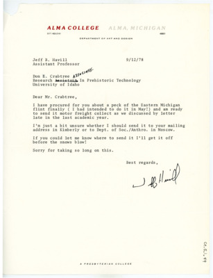 Letter from Jeffrey Havill to Don Crabtree