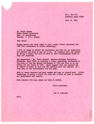 Letter from Don Crabtree to Brian Hayden