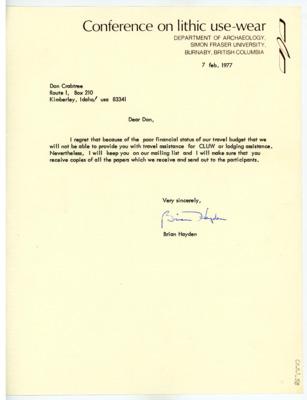 Letter from Brian Hayden to Don Crabtree