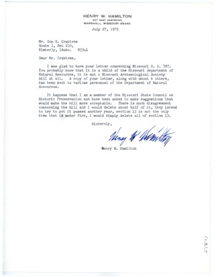 Letter from Henry W Hamilton to Don Crabtree