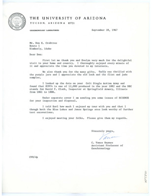 Letter from Vance Haynes to Don Crabtree