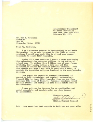 Letter from William Michael Hammond to Don Crabtree