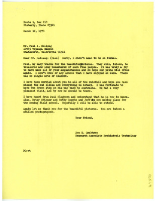 Letter from Don Crabtree to Paul Hellweg