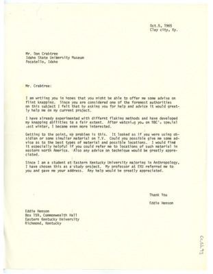 Letter from Eddie Hensen to Don Crabtree