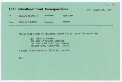 Idaho State University Interdepartmental Correspondence from Dawn S. Statham to Barbara Mayfield