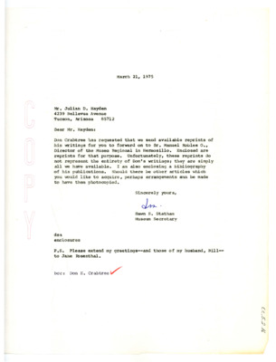 Letter from Dawn S. Statham to Julian D. Hayden and Don Crabtree