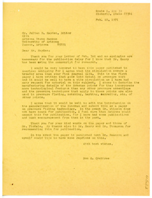Letter from Don Crabtree to Julian D. Hayden