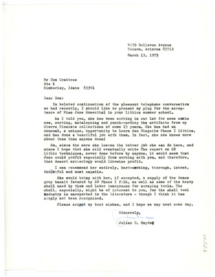 Letter from Julian D. Hayden to Don Crabtree