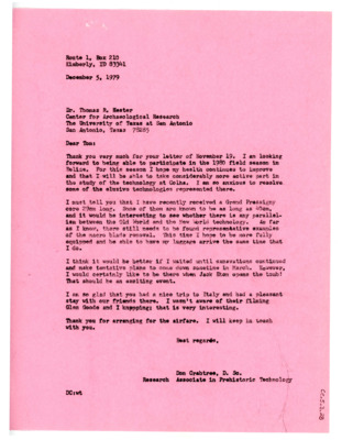 Letter from Don Crabtree to Thomas Roy Hester