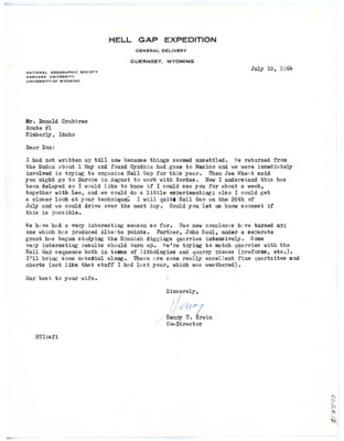 Letter from Henry T. Irwin to Don Crabtree