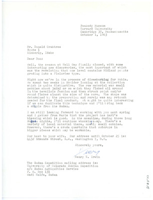 Letter from Henry T. Irwin to Don Crabtree