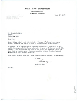 Letter from Henry T. Irwin to Don Crabtree