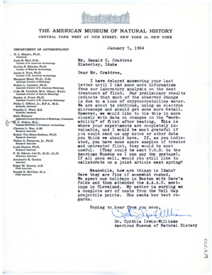 Letter from Cynthia Irwin-Williams to Don Crabtree
