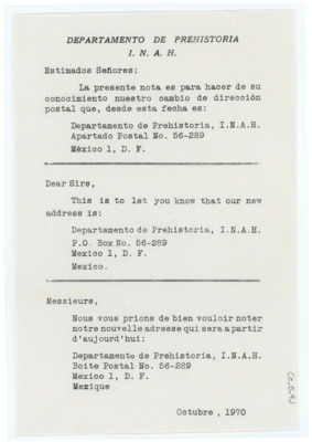 Letter from the Department of Prehistory to Don Crabtree regarding their new address.