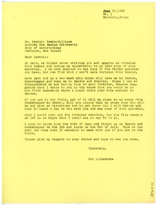 Letter from Don Crabtree to Cynthia Irwin-Williams