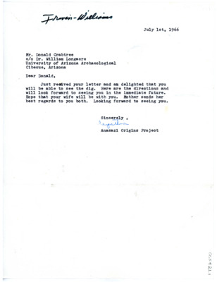 Letter from Cynthia Irwin-Williams to Don Crabtree