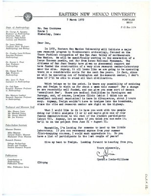 Letter from Cynthia Irwin-Williams to Don Crabtree