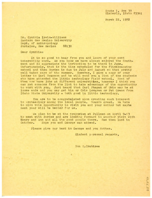 Letter from Don Crabtree to Cynthia Irwin-Williams