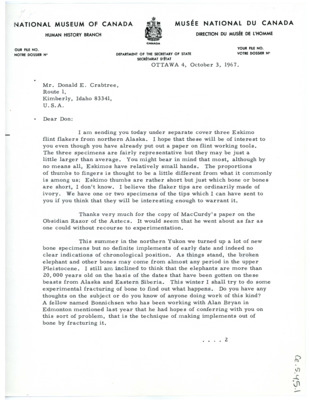Letter from Bill Irving to Don Crabtree regarding a shipment of "Eskimo" flint flakers and his recent excavation in Yukon, Alaska.