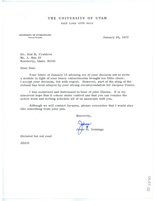 Letter from Jesse D. Jennings to Don Crabtree hoping to work with him someday.