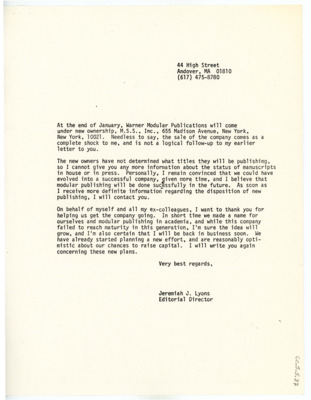 Letter from Jeremiah J. Lyons to Don Crabtree