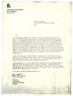Letter from Tomas Johansson to Don Crabtree