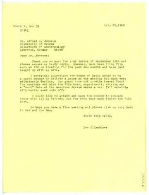 Letter from Don Crabtree to Alfred E. Johnson